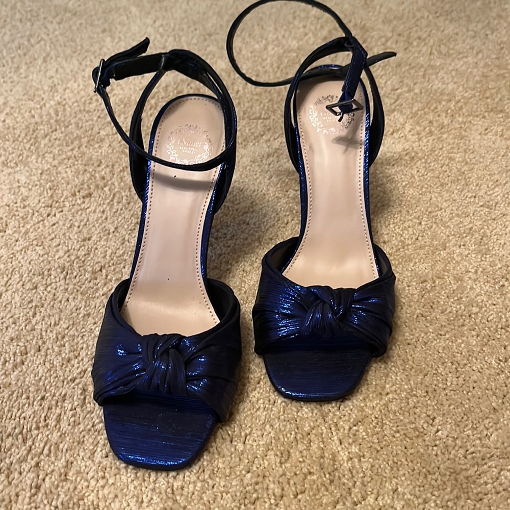 New, never worn dark blue metallic heels